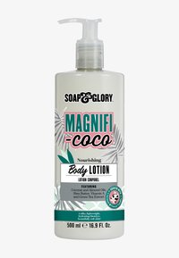 Bouteille pompe en plastique transparent de lotion corporelle, présentant une étiquette blanche et turquoise avec des accents roses, des graphiques botaniques et des détails sur les ingrédients clés.