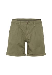 Shorts en coton vert olive avec une fermeture à bouton, une devant plissé et des ourlets roulés. Comprend des poches latérales et des détails cousus.