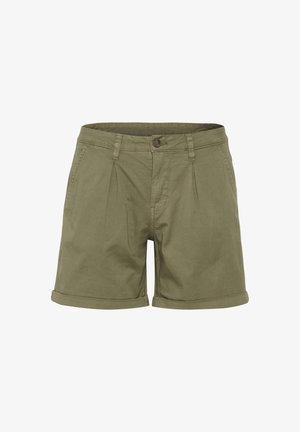 Maslinasto zelene pamučne kratke hlače s kopčanjem na gumb, nabranim prednjim dijelom i zavrnutim rubovima. Ima bočne džepove i prošivene detalje.