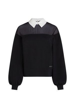 Felpa nera con design che include una camicia bianca a contrasto. Presenta un pannello superiore testurizzato e maniche a palloncino, con logo dettagliato.
