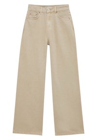 Beige leveled jeans, valmistetut puuvilladenimistä, jossa on korkea vyötärö, nappisulku ja viisi taskua oranssilla ompelutuksella.