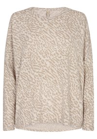 Beige Langarmoberteil aus weichem Stoff mit einem strukturierten Tierdruckdesign, Rundhals und lässiger Passform.