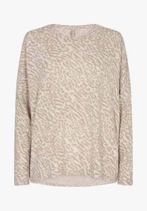 Beige Langarmoberteil aus weichem Stoff mit einem strukturierten Tierdruckdesign, Rundhals und lässiger Passform.