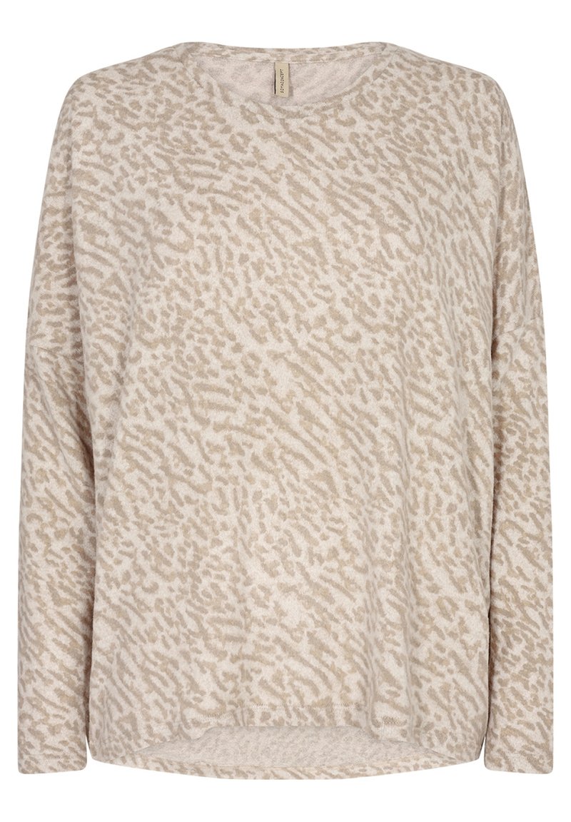 Beige Langarmoberteil aus weichem Stoff mit einem strukturierten Tierdruckdesign, Rundhals und lässiger Passform.