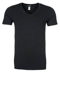 T-shirt noir à manches courtes en tissu lisse avec un design à col en V. Coupe simple, couleur unie, sans motifs ni éléments métalliques visibles.