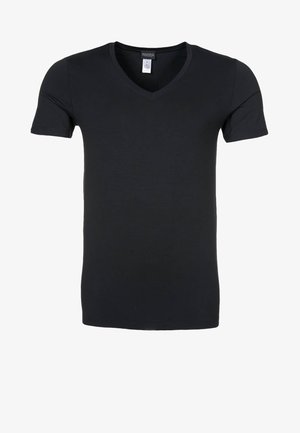 Schwarzes T-Shirt mit kurzen Ärmeln aus glattem Stoff und V-Ausschnitt. Schlichter Schnitt, einfarbig, keine Muster oder sichtbaren Hardwareelemente.