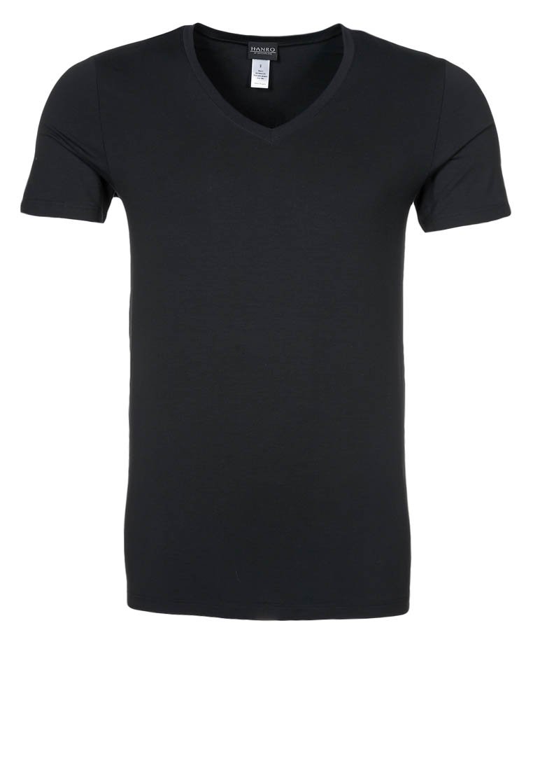 T-shirt noir à manches courtes en tissu lisse avec un design à col en V. Coupe simple, couleur unie, sans motifs ni éléments métalliques visibles.