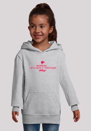 Graue Kapuzenjacke mit Kängurutasche, versehen mit rotem Text: "MORNING... LET'S FACE IT TOGETHER" und dem Kellogg's-Logo. Weicher Stoff, verstellbare Kapuze.