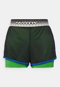 Black mesh athletic shorts with green inner compression layer and black-and-white checkered elastic waistband with logo.