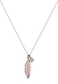 Roosakuldne kaelakee sulge ripatsiga ja väikese kristalliga kaunistusega, ripatsil on üksikasjalik sulgemuster.