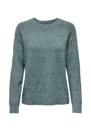 Žalias megztinis, mezgamas iš siūlų, su ilgomis rankovėmis ir apvalia iškirpte. Audinys turi tekstūrą ir švelnų paviršių, pasižymi laisvu siluetu ir banguotais rankogaliais.