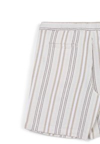 White woven shorts featuring vertical stripes in beige and brown, with an elastic waistband and a back pocket detail.