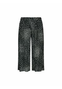 Czarne spodnie culotte w biały wzór kropkowany, z elastycznym pasem, szerokimi nogawkami i lekkim materiałem. Gładka faktura, casualowy design.