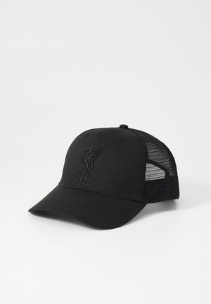Black cap featuring a solid front with a raised Liverpool FC logo, mesh sides for breathability, and a flat brim. Adjustable strap at the back.
