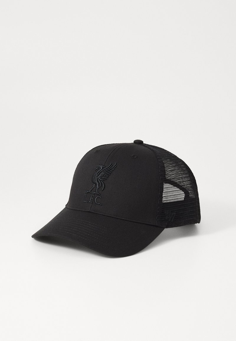 Schwarze Kappe mit einer festen Vorderseite und einem erhöhten Liverpool FC-Logo, netzartigen Seitenteilen für Atmungsaktivität und einem flachen Schirm. Verstellbarer Riemen hinten.
