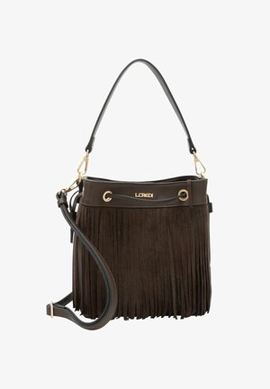 Bruine suède handtas met franjes, een afneembare schouderband en een bovengreep. Geaccentueerd met gouden hardware.