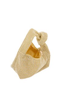 Knot-håndteret håndtaske i et gult mesh-design, der har en tekstureret overflade med små, reflekterende accenter og et lynlås-interiør.