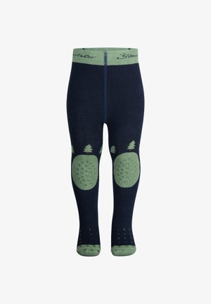 Marineblaue Strumpfhosen mit grünem Bund, gepolsterten Kniefeldern und strukturierten Punkten an den Sohlen für besseren Halt. Mit gemusterten grünen Akzenten.