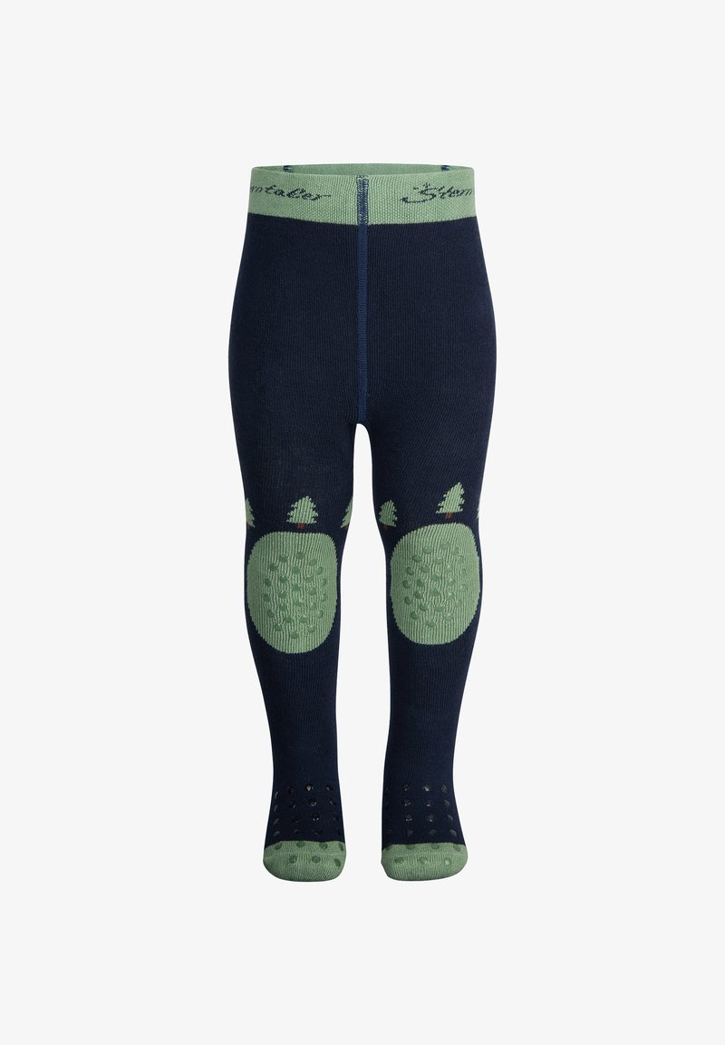 Marineblaue Strumpfhosen mit grünem Bund, gepolsterten Kniefeldern und strukturierten Punkten an den Sohlen für besseren Halt. Mit gemusterten grünen Akzenten.