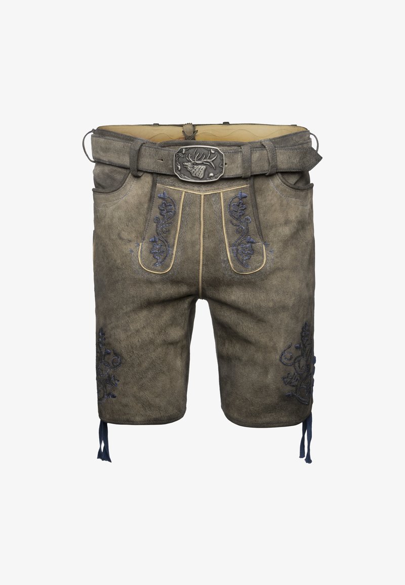 Bermudas bávaras de cuero marrón tradicionales con bordado floral azul, cinturón decorativo y hebilla de metal con diseño de cabeza de ciervo.