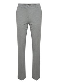 Pantaloni grigi chiari realizzati in tessuto liscio, con fronte piatto, gamba dritta e due tasche anteriori con chiusura a bottone singolo.