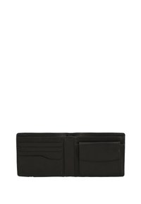 Czarny skórzany portfel z wieloma kieszeniami na karty, przegródką na gotówkę, gładką teksturą i haftowanymi krawędziami, prezentujący minimalistyczny design.