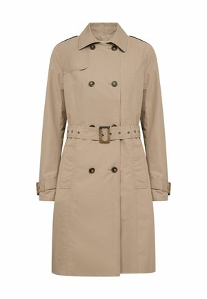 Beige dubbelgeknoopte trenchcoat met taille- en manchetbandsluiting, brede kraag en zijzakken, ontworpen voor vrouwen.