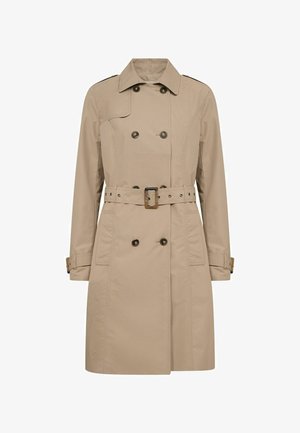 Beige dubbelgeknoopte trenchcoat met taille- en manchetbandsluiting, brede kraag en zijzakken, ontworpen voor vrouwen.