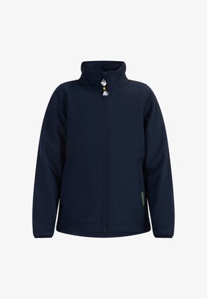 Tengerész navy színű softshell dzseki magas gallérral, teljes cipzárral, két oldalsó zsebbel és logós díszítéssel a mellkason. Rugalmas mandzsettákkal és sima szövettel rendelkezik.