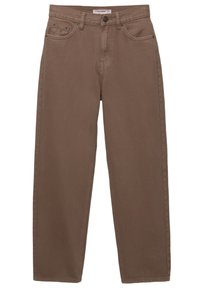 Jeans droits en denim marron avec cinq poches, fermeture à bouton, passants pour ceinture et détails de couture visibles. Texture lisse et design décontracté.