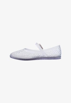 Transparent, textured plastic ballet flat with a patterned upper. Features a slim strap and a clear sole. Color: white with a slight purple tint.