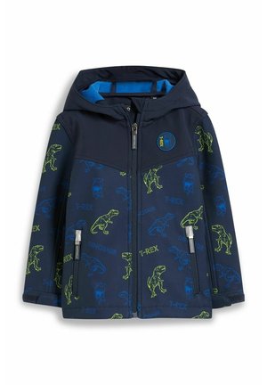 Granatowa kurtka z nadrukami dinozaurów w zielonym i niebieskim kolorze, z zamkiem błyskawicznym z przodu i kapturem. Posiada dwie boczne kieszenie oraz okrągłe logo.