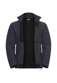 Giacca in pile blu navy con esterno testurizzato, chiusura a zip frontale e rivestimento interno morbido. Dotata di colletto alto e tasche laterali.
