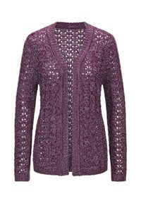 Cardigan viola lavorato a maglia con motivo a trama aperta, scollatura a V, maniche lunghe e vestibilità ampia. Presenta una finitura texturizzata e nessun tipo di chiusura.