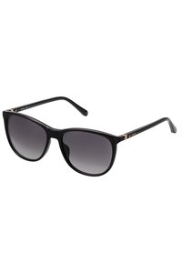Ochelari de soare negri cu un cadru din plastic neted, lentile supradimensionate care se estompează de la gri închis la gri deschis și accente metalice pe brate.