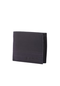 Zwarte lederen portefeuille met een gladde structuur, een bi-fold ontwerp, meerdere kaartsleuven en een subtiele stikselafwerking langs de randen.