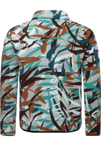 Fleece-pullover med en lys grå base og et flerfarvet abstrakt bladmønster i teal, brun og mørkeblå; har en krave.