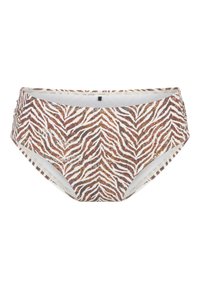 Parte inferior de bikini a rayas en tonos marrón y blanco, con acentos fruncidos en los lados. Está hecha de una tela suave y cuenta con una cinturilla elástica para mayor comodidad.