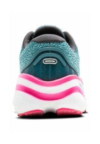 Laufschuh mit einem türkisfarbenen gestrickten Obermaterial, grauer Polsterung und einer weißen Zwischensohle mit rosa und weißen gestreiften Akzenten. Strukturierte Rückendesign.