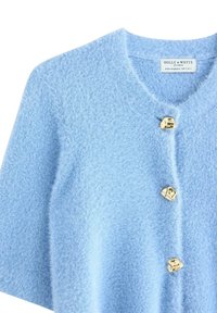 Cardigan azzurro chiaro peloso con scollo a V, tre bottoni in tonalità oro e maniche corte, realizzato in tessuto morbido e strutturato.