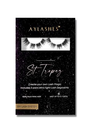 Aylashes St. Tropez DIY lash kit featuring five pairs of ultra-light faux mink lashes on a black starry background with gold accents.