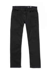 Black denim jeans with a straight cut, five pockets, subtle stitching, and a button closure. Smooth texture with minimal detailing.