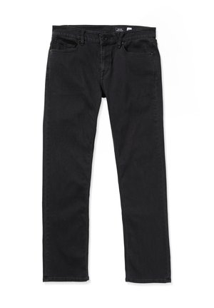 Black denim jeans with a straight cut, five pockets, subtle stitching, and a button closure. Smooth texture with minimal detailing.