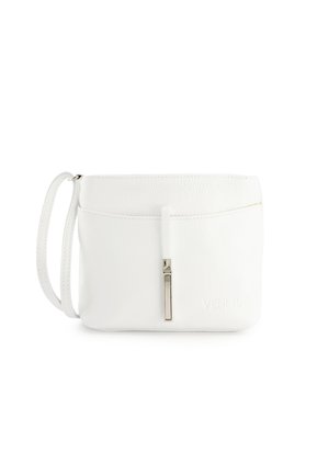 Kleine weiße Handgelenktasche mit Vorderfach, strukturiertem Oberteil und silbernem, vertikalem Reißverschluss-Ziehen.