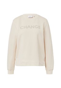 Felpa beige chiaro realizzata in morbido materiale, con la scritta "CHANGE" in applicazioni di borchie sul petto, e con polsini e orlo a costine.