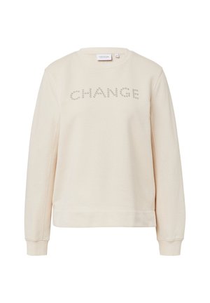 Jasno beżowy sweatshirt wykonany z miękkiego materiału, z napisem "CHANGE" w ozdobnym zdobieniu na klatce piersiowej, z prążkowanymi mankietami i dołem.