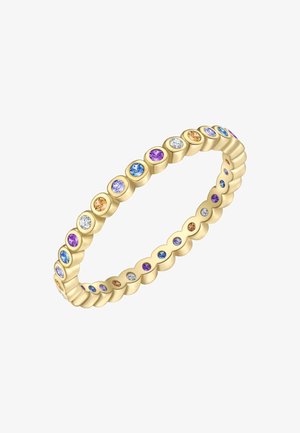 Kulta sävyinen joustava riipus, jossa on monivärisiä jalokiviä; pyöreät asetukset eri kokoisina, kiillotettu pinta ja halkiopartaat reunoilla.