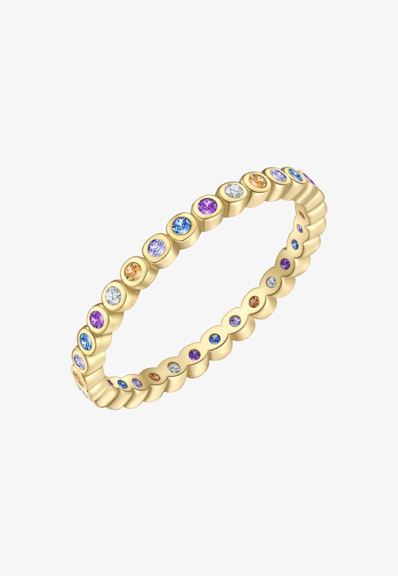 Flexibilný náramok v zlatej farbe s viacerými farebnými drahokamami; okrúhle osadenia rôznych veľkostí, lesklý povrch a zvlnené okraje.