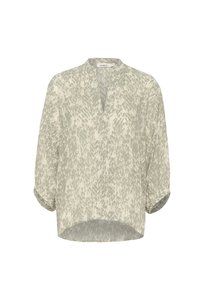 Blusa leggera color taupe con scollo a v e maniche arrotolate. Presenta un motivo astratto sottile in diverse tonalità di verde.