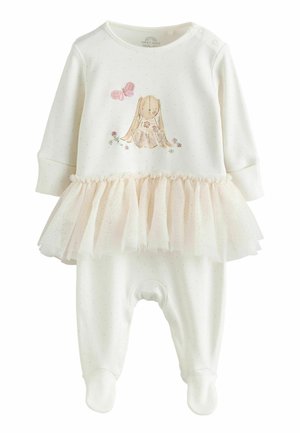 Salopette blanche pour bébé avec manches longues, dotée d'un motif à pois, d'une jupe en tulle avec volants et d'un design brodé de lapin et de papillon.